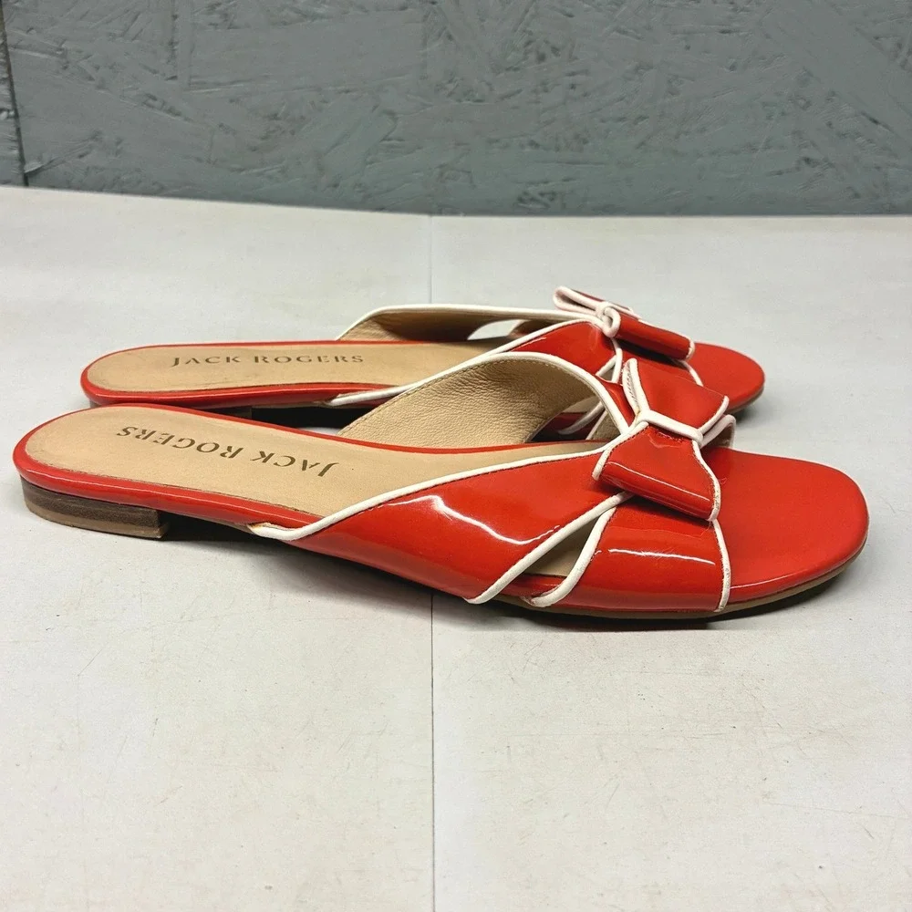 Jack Rogers Bow Patent Leather Slide Sandals Womens 8M Red White Preppy Resort